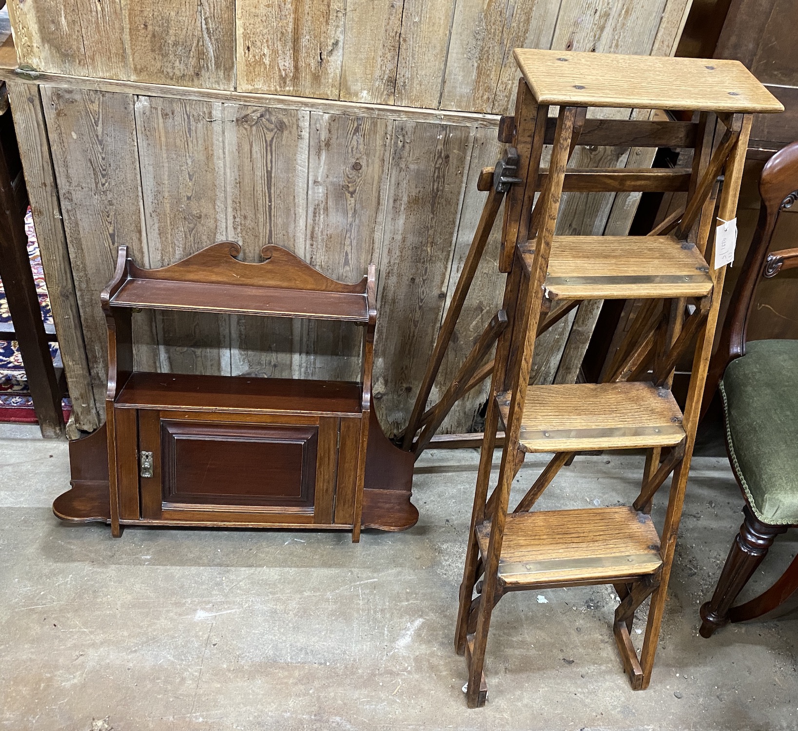 A Heathman brass mounted oak four tread small stepladder and a late Victorian wall cabinet